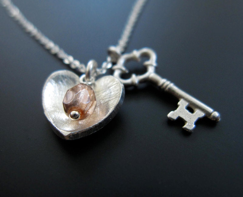 CHERISH silver key to my heart necklace, heart and key charm necklace