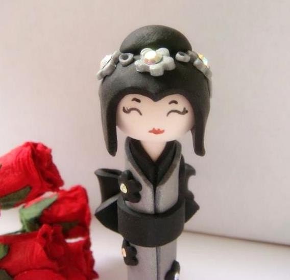 Doll, Miniature Kokeshi Doll , Midnight Star , in Grey and Black