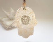 SHEMA  ISRAEL Wall Hanging, Lace Flowers Hamsa , Shema Israel Texture,  Ivory Cream and Golden Shades