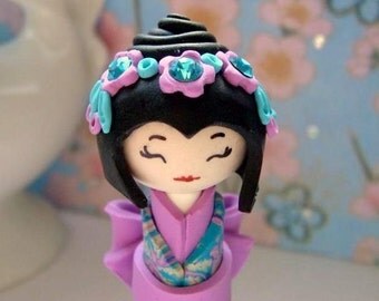 Collectible Miniature  Doll  in Lilac , Rose Pink and Turquoise  Unique Handmade Sculpture doll