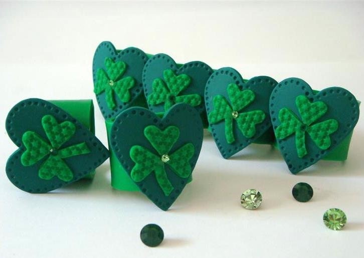 St. Patrick's Day Napkin Rings Green Shamrocks Swarovski crystals. Polymer clay Handmade home decor