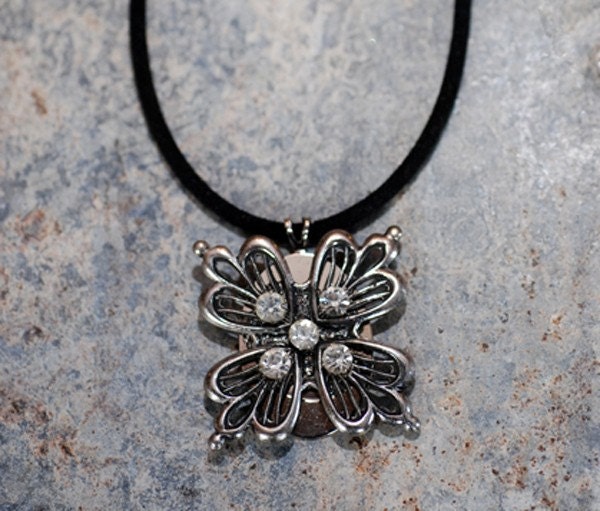 Vintage Filigree Silver and Black  Rhinestone Pendant