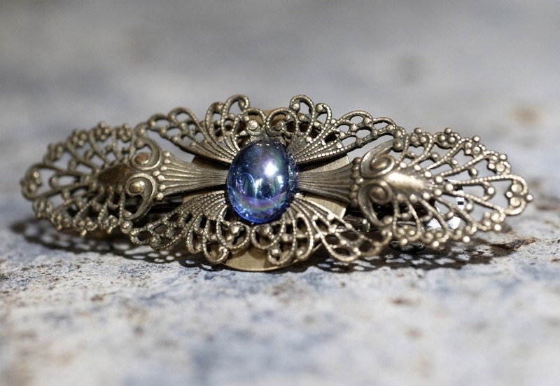 Hair Barrette with Blue Vintage Glass