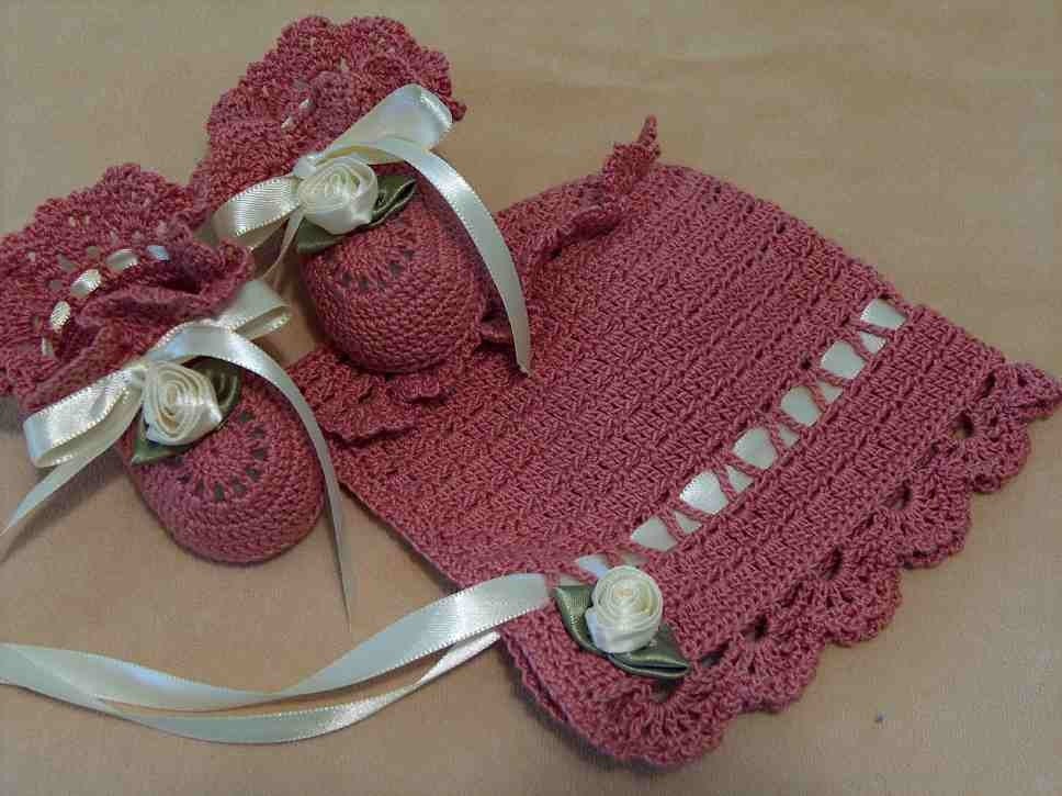 Dusty Pink Cream Roses Crochet Bonnet and Booties Newborn Baby Girl