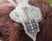 Wedding or Formal  headpiece in white and silver hand sewn glass beads foax pearl and rhinestones on comb with sprig of feathers. art deco