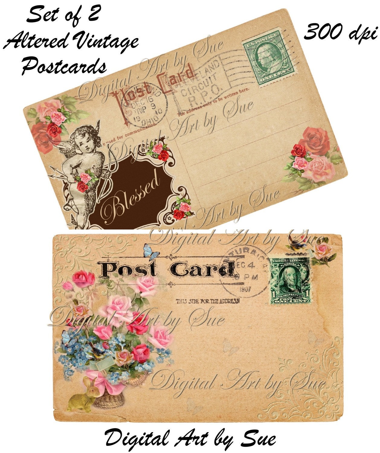 Altered Vintage Postcards - Set Of 2  -  Printable Digital Collage Sheet - Digital Download