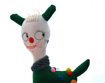 NEW YEAR SALE Art doll cloth deer fawn linen green velvet Gerald the woodland hoot