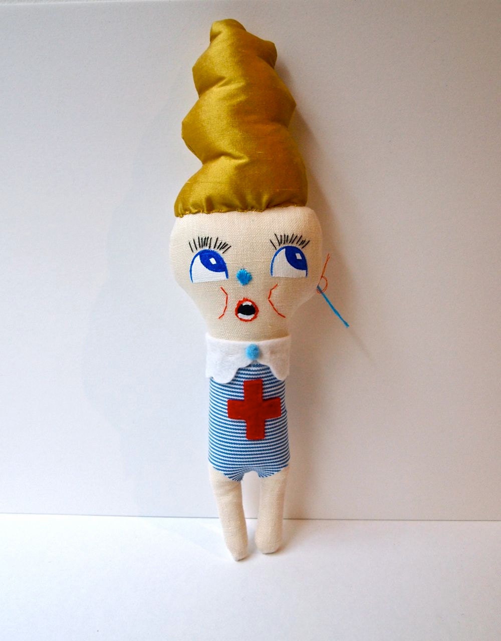 Fabric art doll, yellow silk, little nurse linen cloth doll, Nurse Ninny