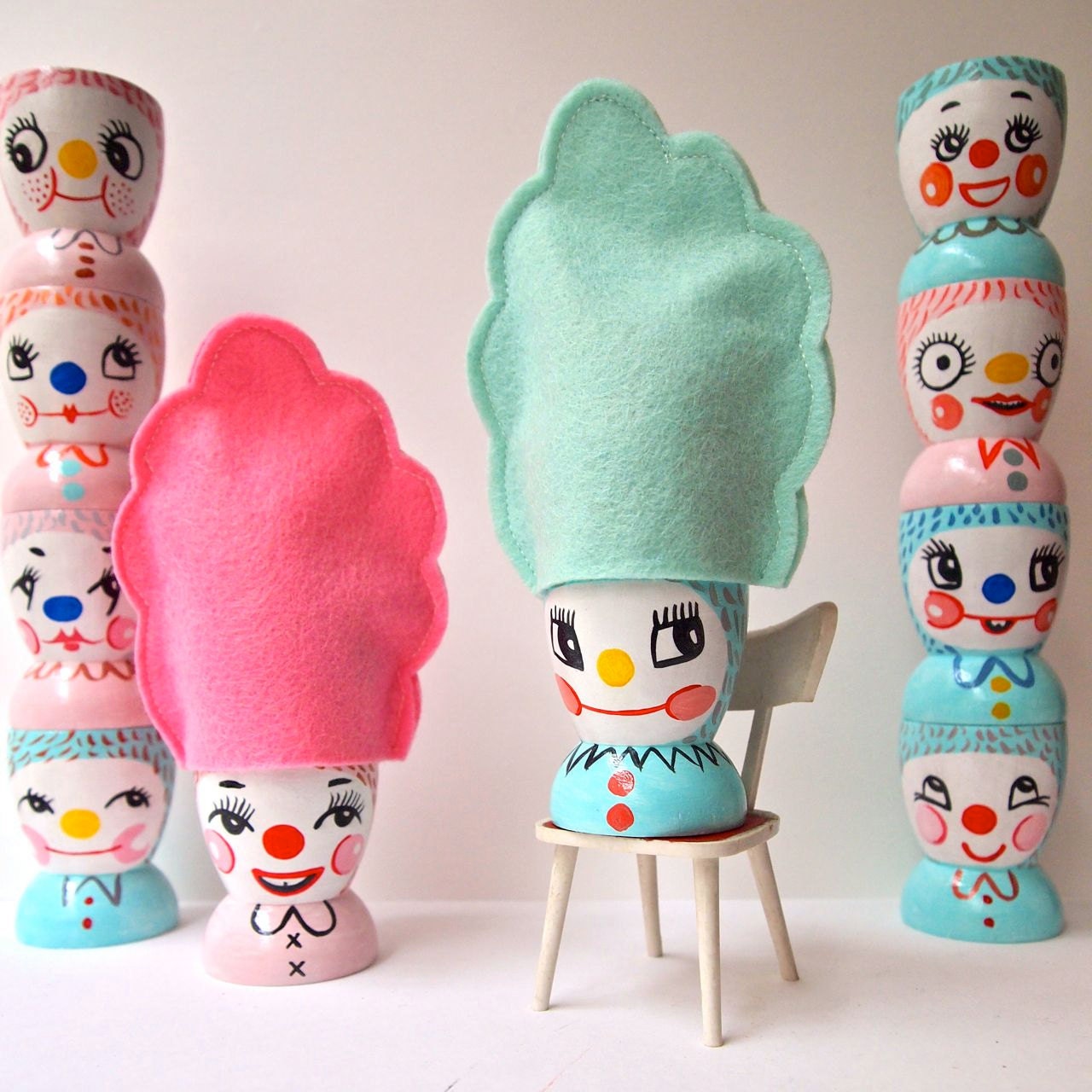 Pale blue Easter egg cup & cozy, felt candy floss cloud, hand painted wood, chocolate easter eggs