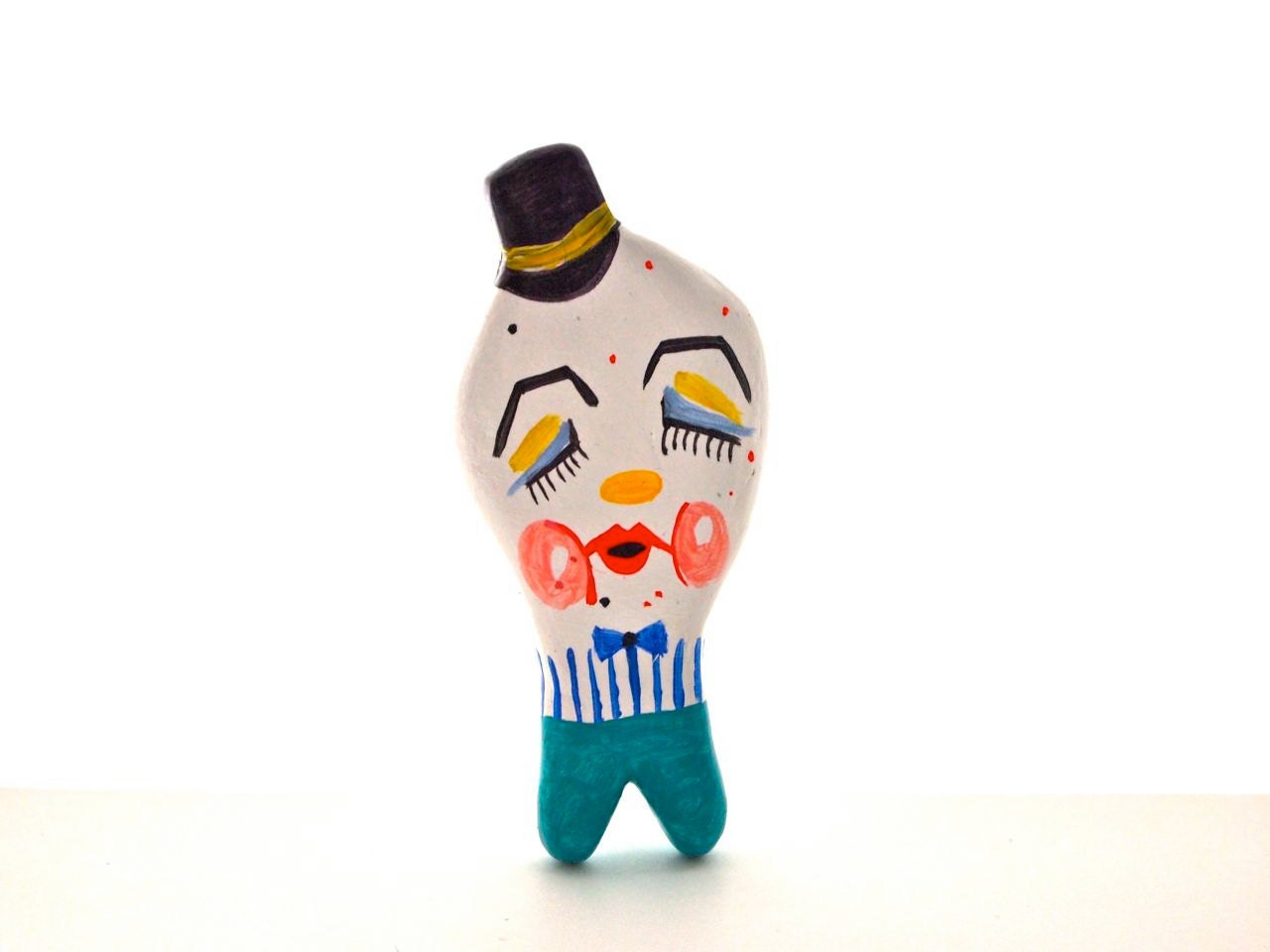 NEW YEAR SALE Clay brooch hand painted clay one of a kind Circus clown Ludo