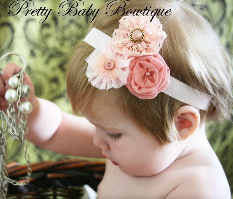 Baby Girl Headband - Baby Infant Toddler Headband - Pink Victorian Flowers on Pale Pink Stretch Headband - Photography Prop