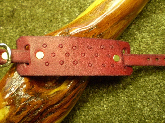 Hand Tooled Cranberry Leather Cuff Bracelet with Brass Buckle Closure