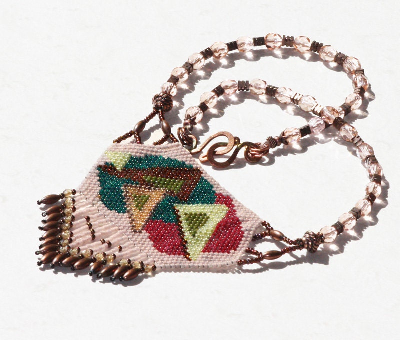 Necklace Bead Weaving Copper Peyote Triangles Mauve, Green