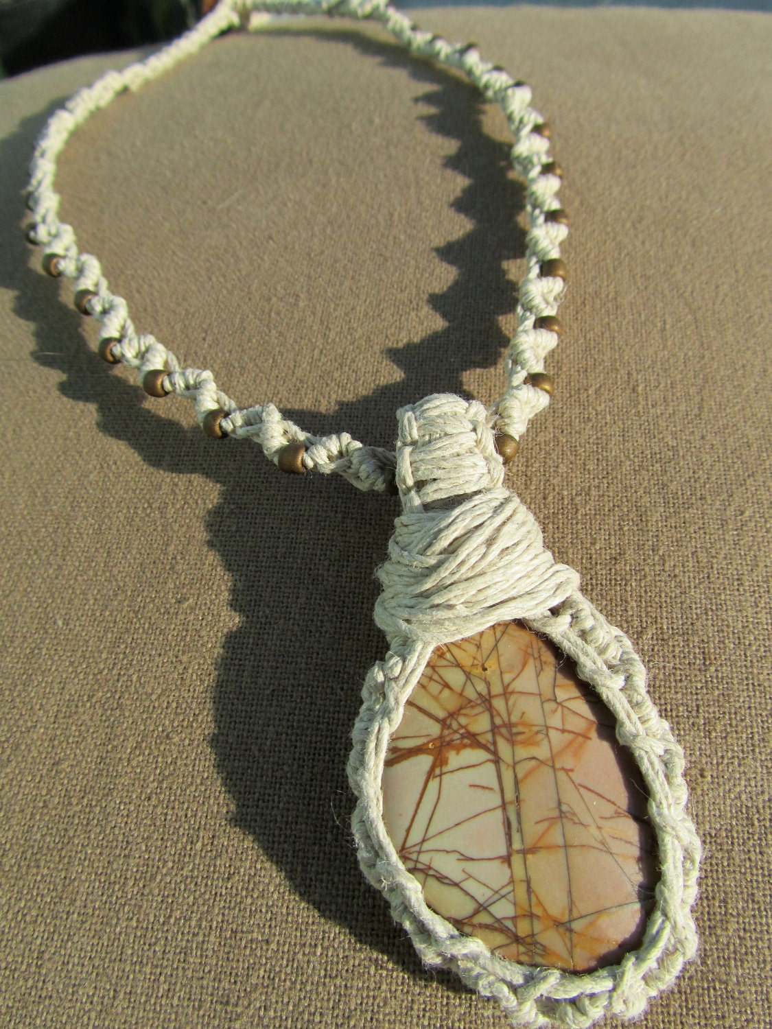 SALE Wrapped Picture Jasper and Hemp Macrame Necklace - Natural Bohemian