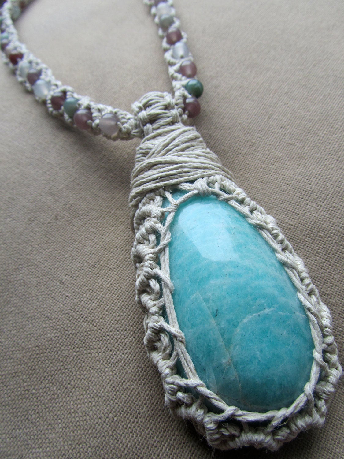 Wrapped Amazonite and Rainbow Agate Hemp Macrame Necklace - Natural Bohemian Hippie