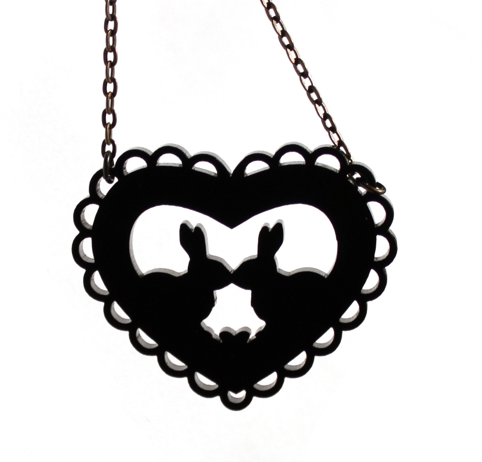 Kissing Bunnies - Modern Heart Necklace in Black