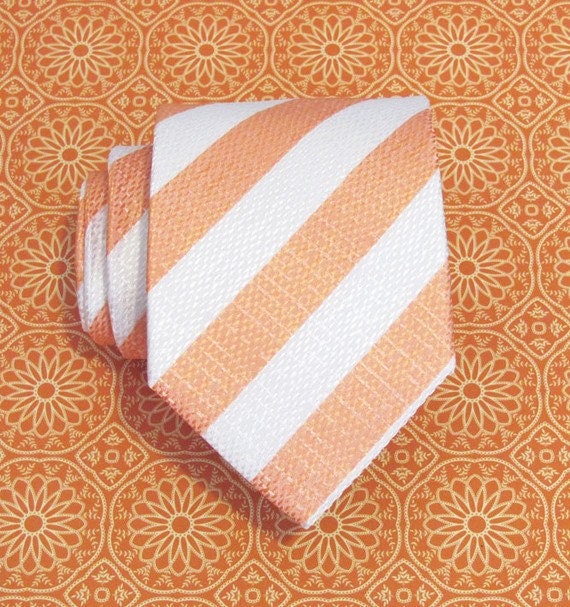 Mens Tie - Peach and White Striped Silk Necktie