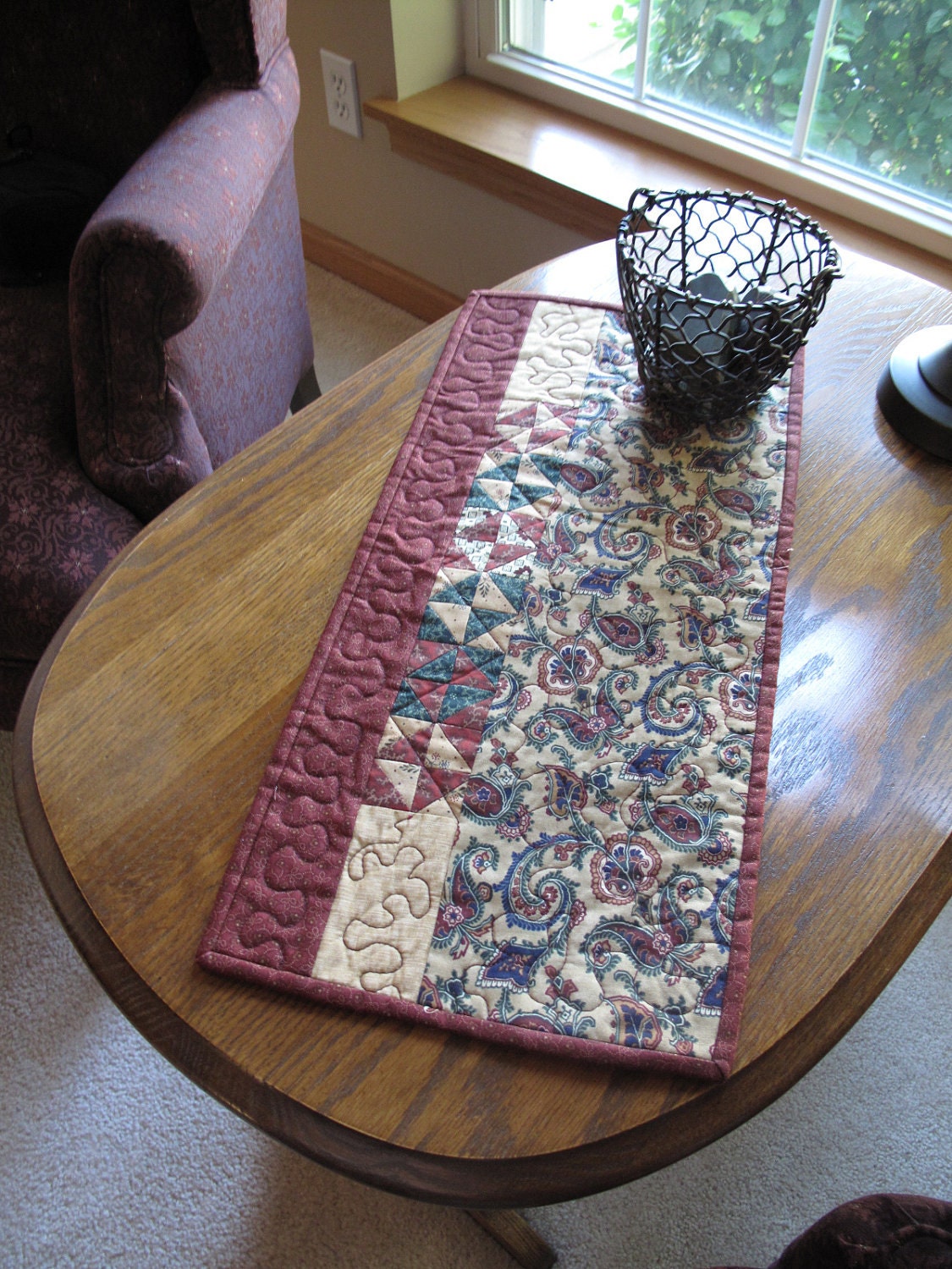 Paisley Patchwork Burgundy Red Green Small Table Runner / Table Topper