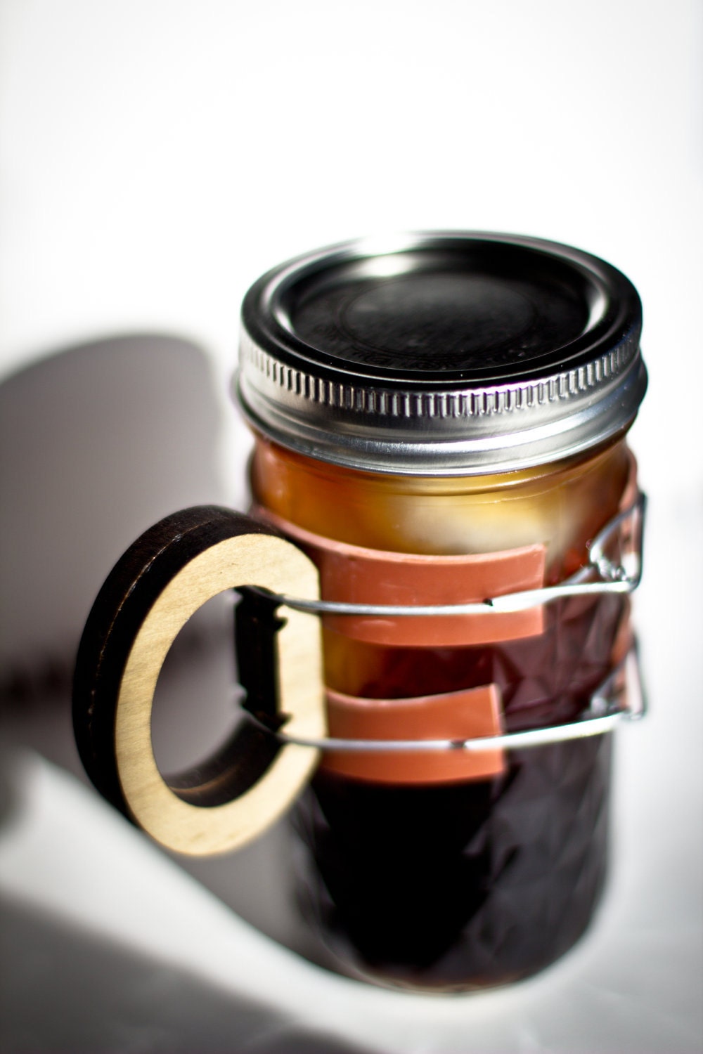 Tall 12 oz. Mason Jar Mug - Wooden handle securely wired over non-slip gasket strips