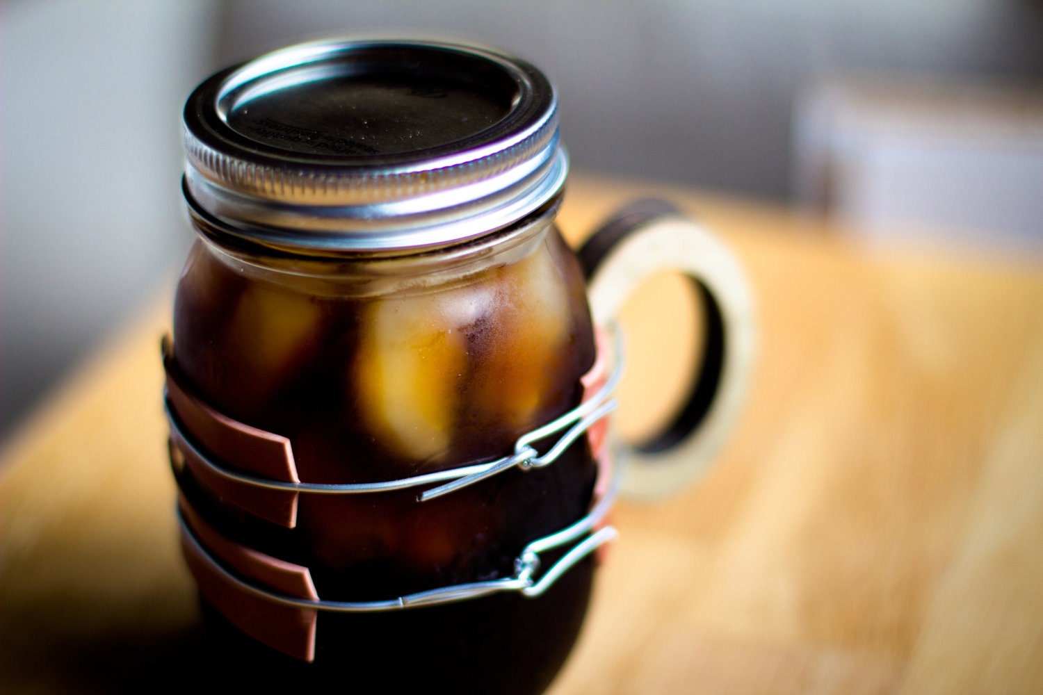 Stout 16 oz. Mason Jar Mug - Wooden handle securely wired over non-slip gasket strips