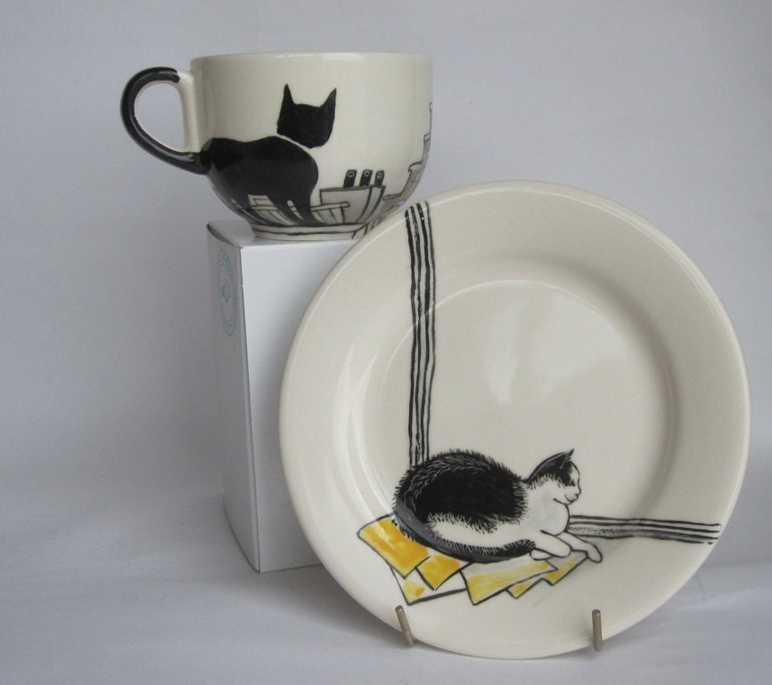 Handpainted breakfast mug and plate - Amsterdam Cats - Ready to ship
