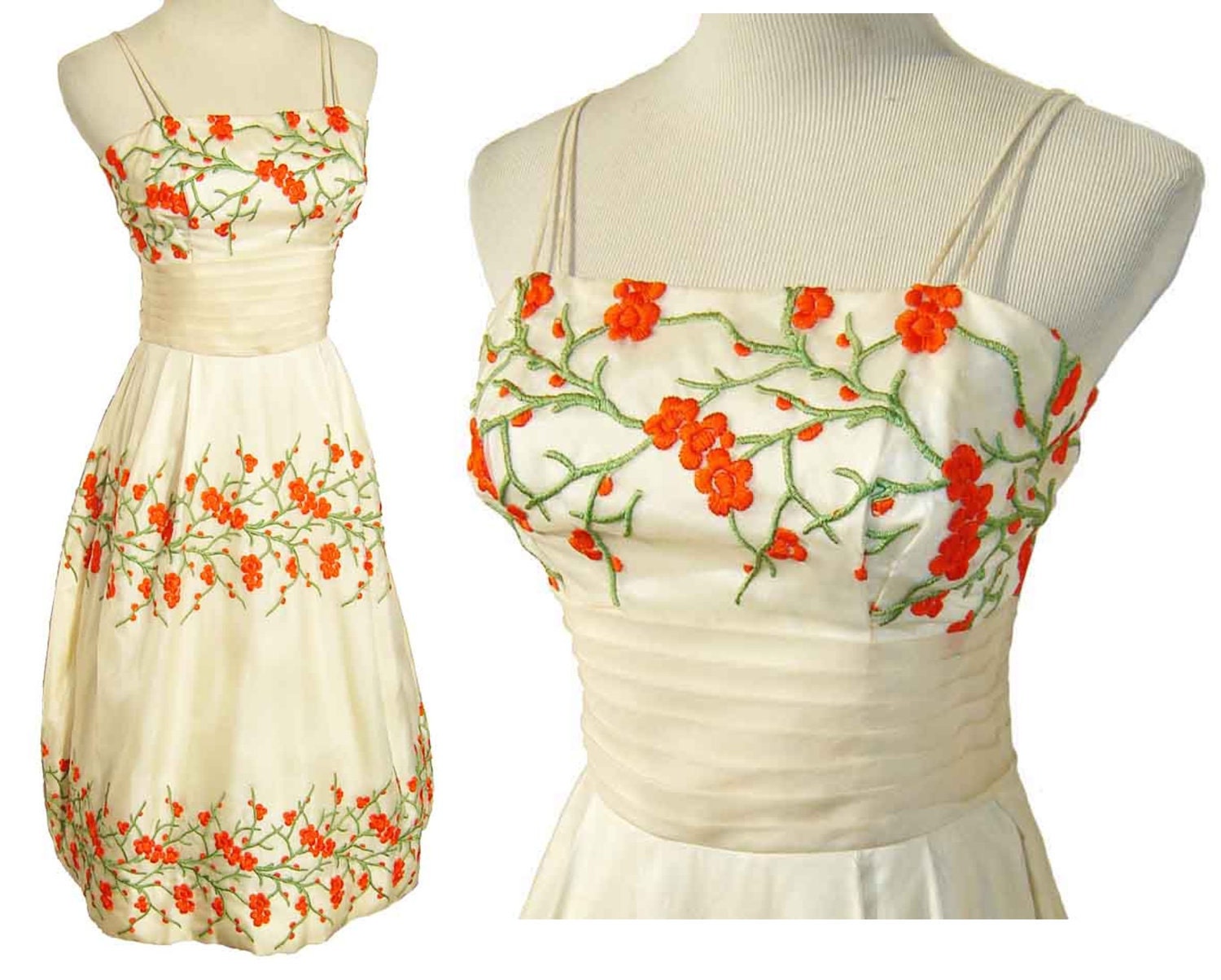 Vintage 60s Dress Party Cocktail Ivory & Orange Tangerine Floral Cherry Blossoms Prom S