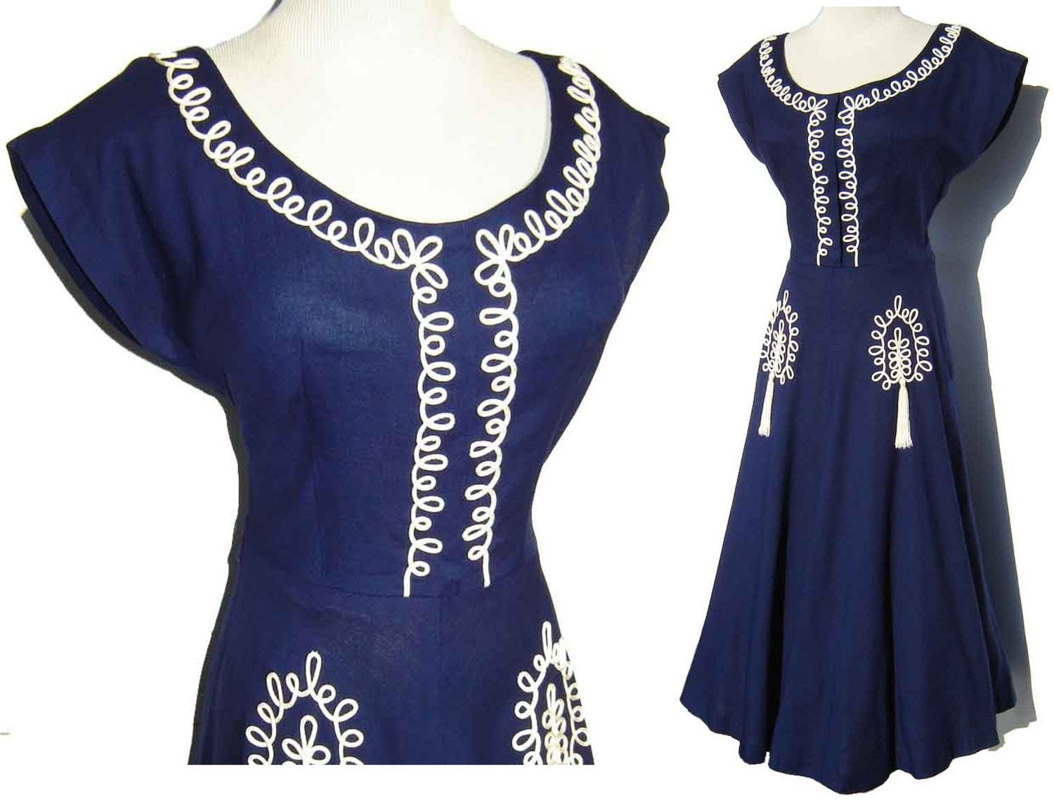 Vintage 50s Dress Rockabilly Lucy Navy Blue White Party & Tassels M