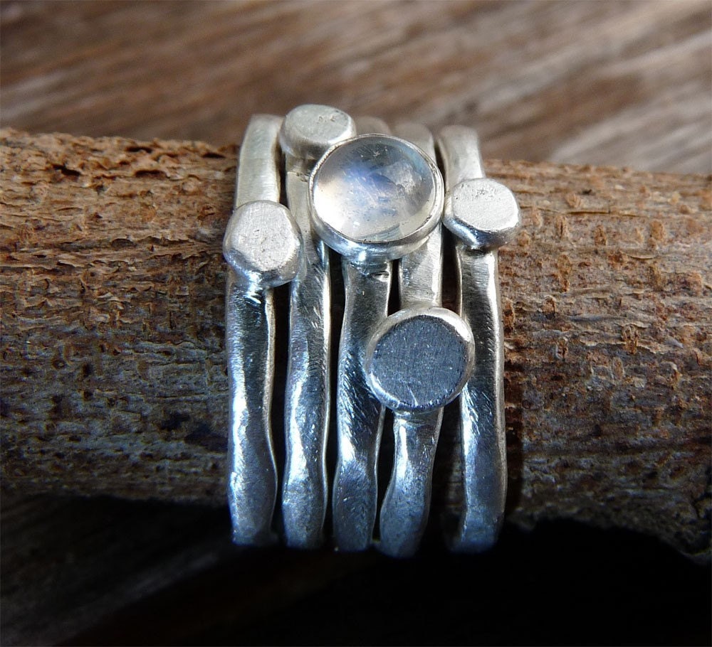 Set of 5 Organic Pebbles Stacking Sterling Silver Rings-Blue Moonstone