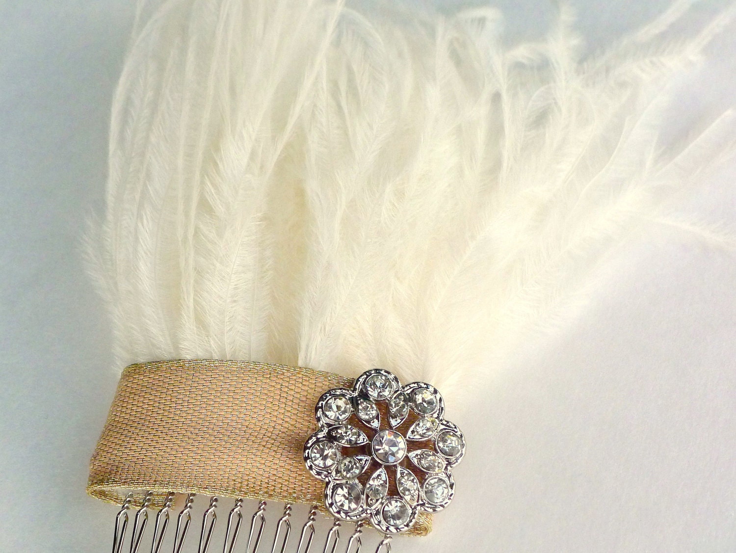 New Luxe Josephine Bridal Ivory, Blush, and Gold Ostrich Feather Hair Comb- Weddings- Rhinestone