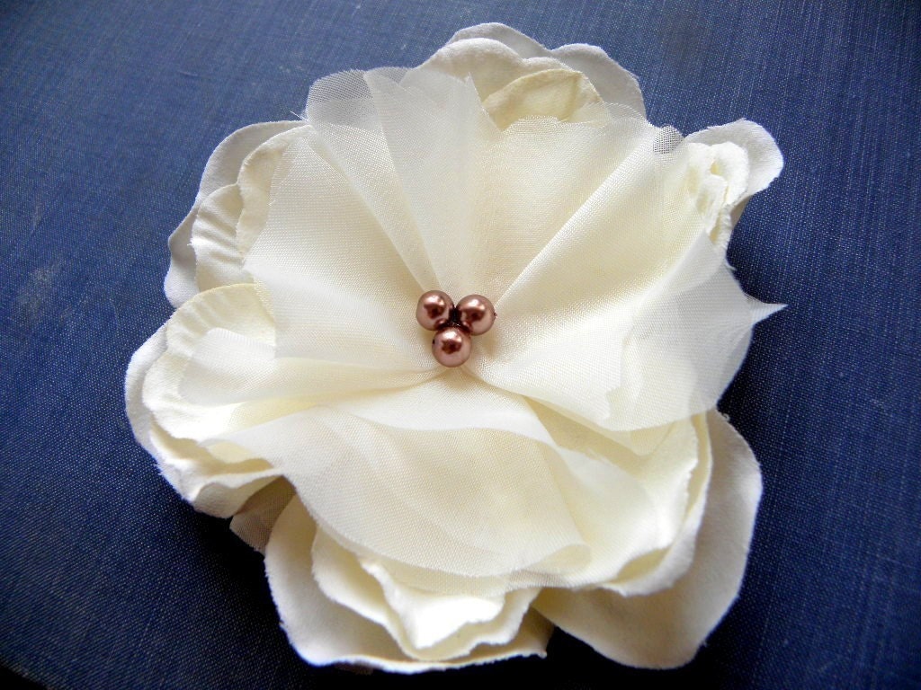Rustic Tennessee Champagne Ivory Hair Flower with Bronze Copper Pearls- Bridal- Wedding