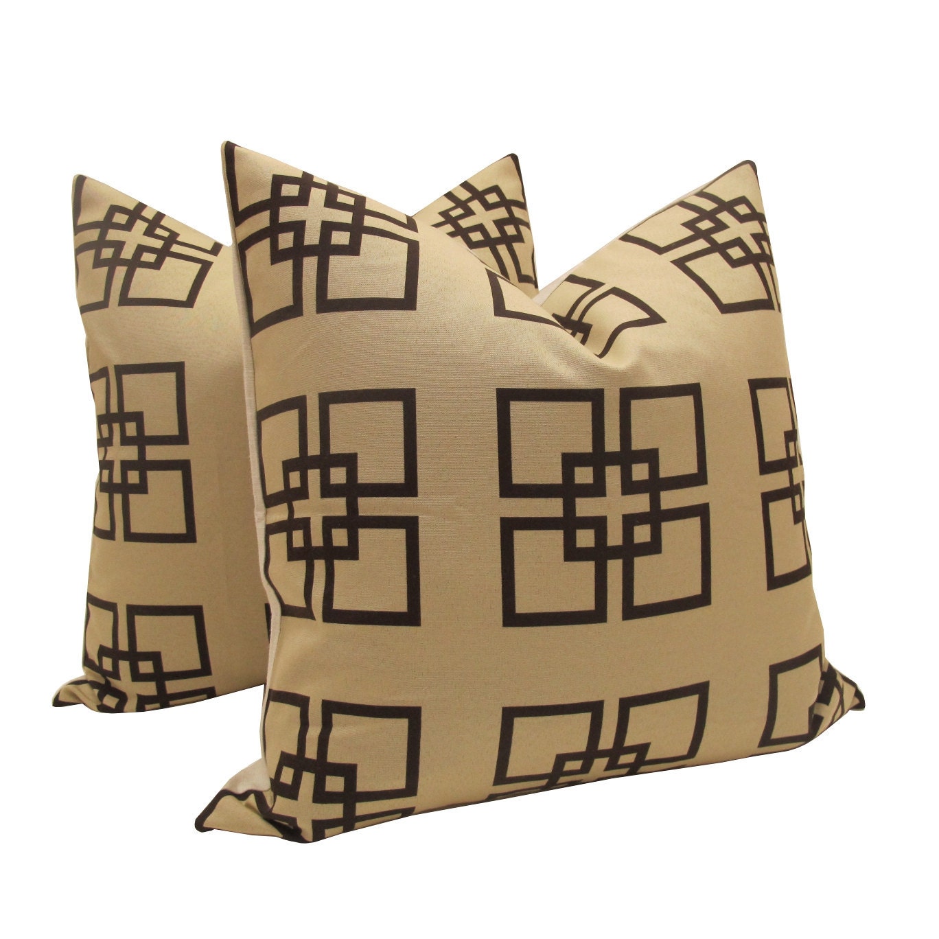 Free US shipping-Pair of Decorative Designer Pillow Covers- Creme & Chocolate Overlapping Squares-18"x18"