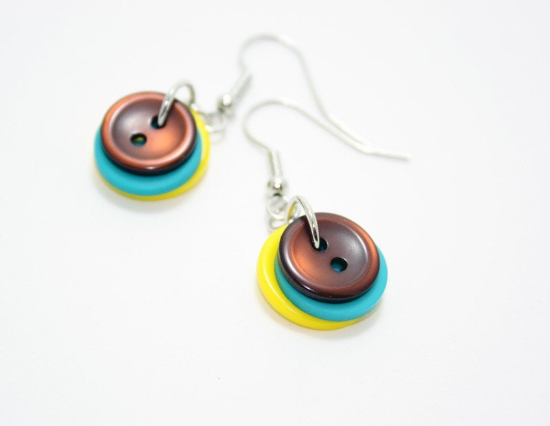 Yellow Aqua and Brown Button Earrings - Layered Dangle Irridescent Matte