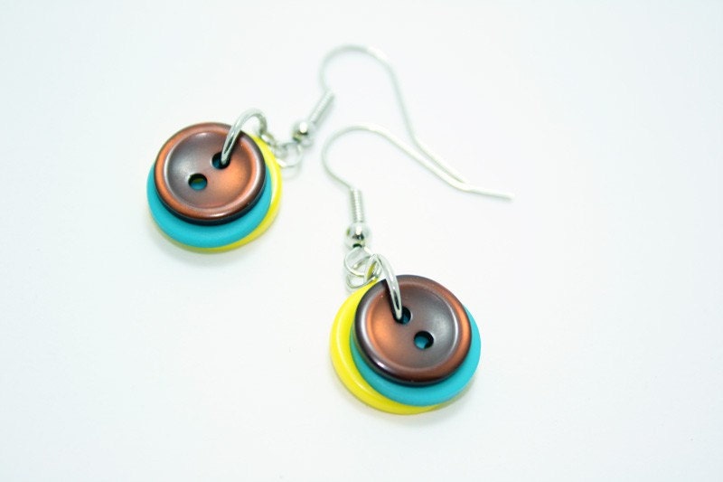 Yellow Aqua and Brown Button Earrings - Layered Dangle Irridescent Matte