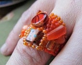 Freeform Peyote Orange Beaded Ring OOAK