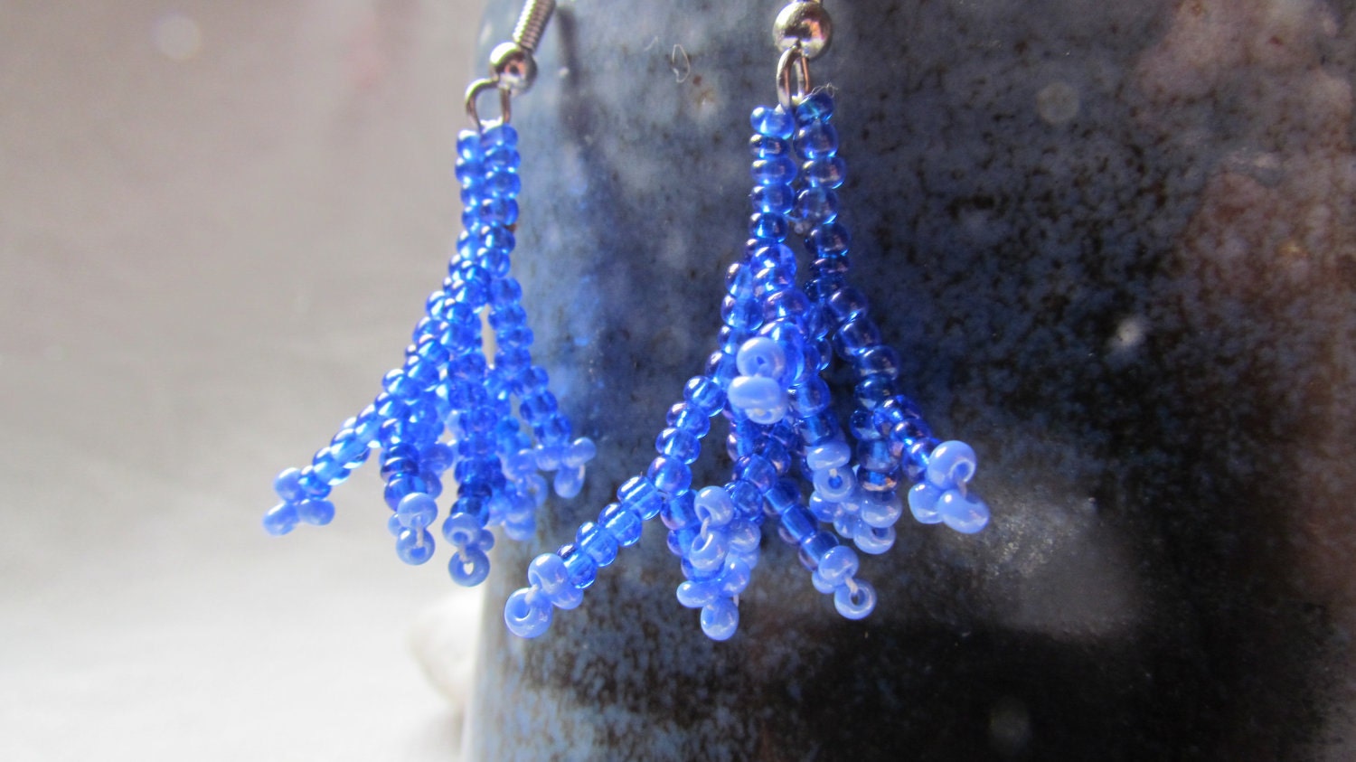 Beaded Earrings Blue Small Coral Vine Floral