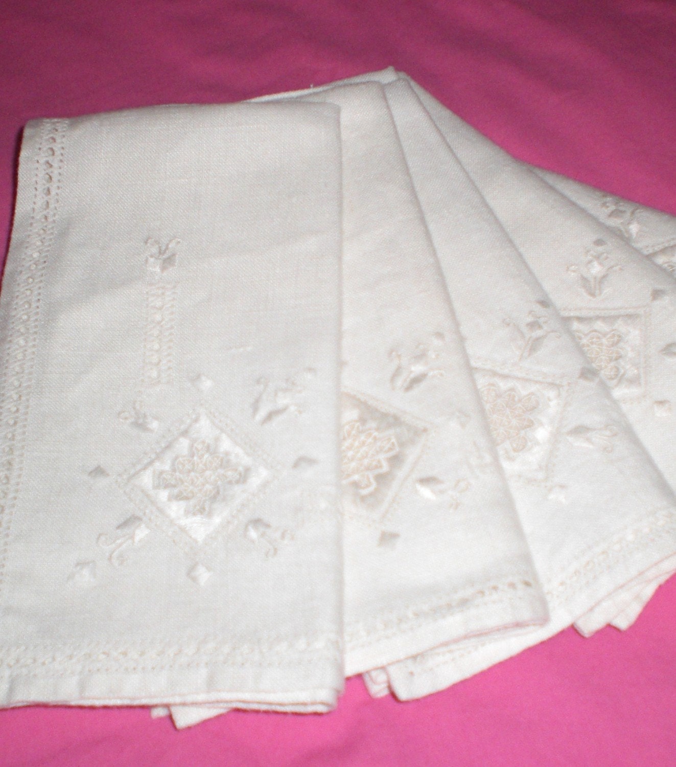 Vintage linens. Five linen, hand embroidery Lefkara style napkins.