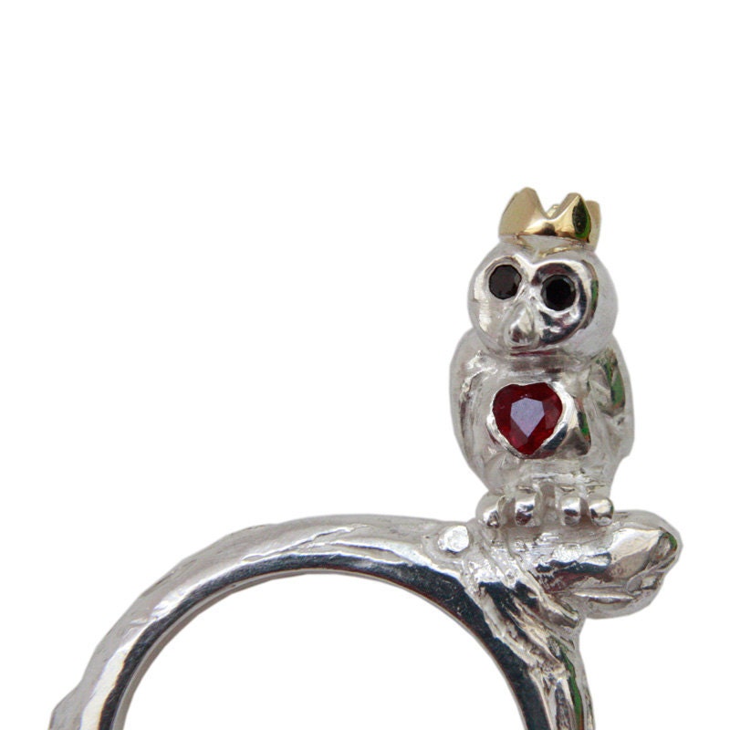 Owl Ring. Silver with Black Diamond eyes, ruby heart and an 18ct Yellow Gold Crown. Unique.