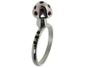 Toadstool Ring. Silver set with red ruby and green tsavorite garnet details.
