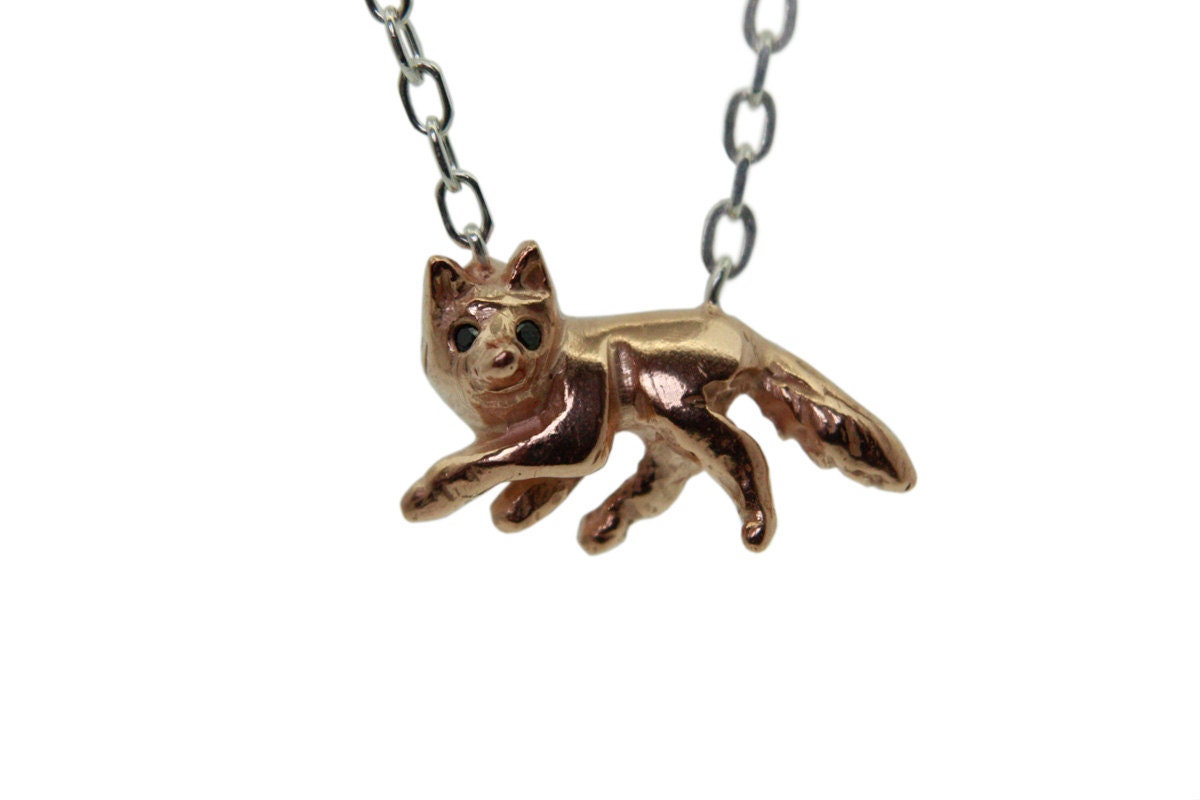Fox Necklace. Silver, Rose Gold plate and Black Diamonds. Handmade.