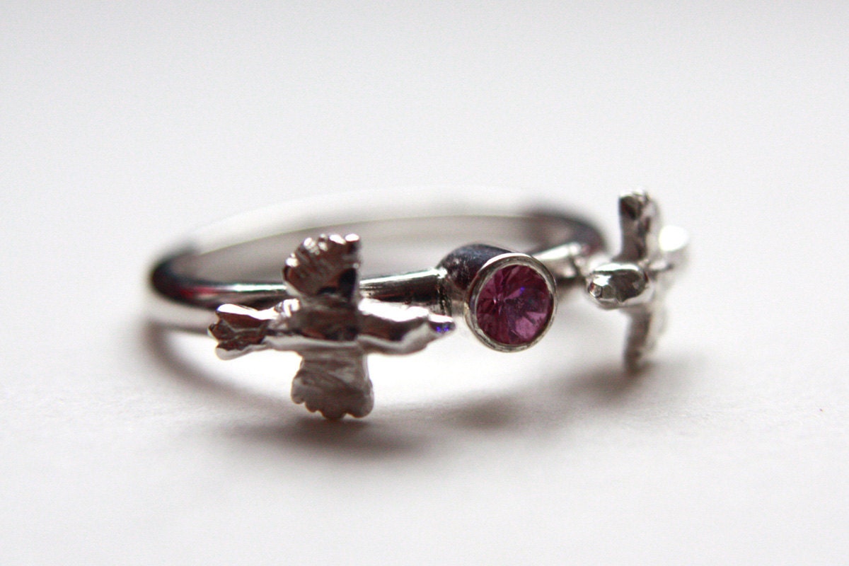 Love birds Ring. silver and pink sapphire. handmade, unique, prefect for valentines.