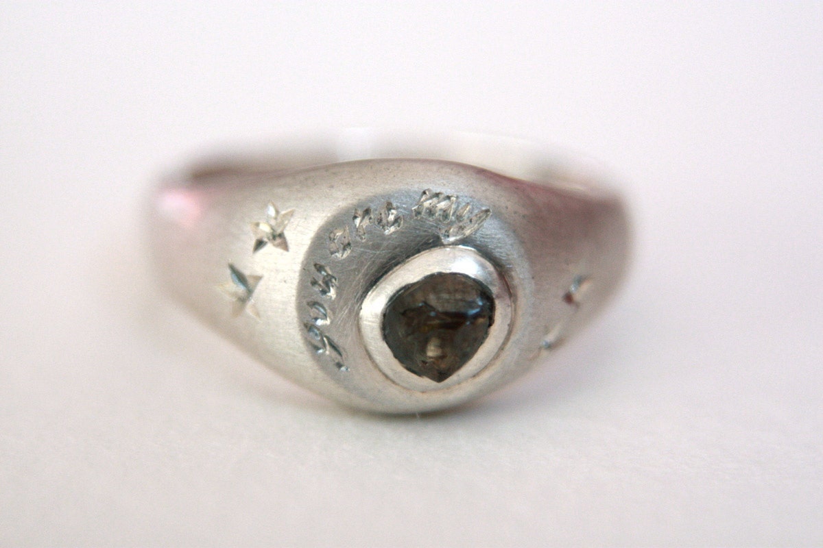 You are my rock. Silver and rough diamond handmade engraved ring.