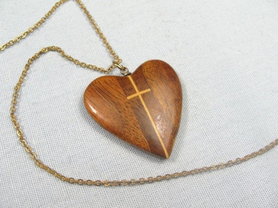 Vintage 70s Inlay Wood Religious Heart Cross by jenniesjunque