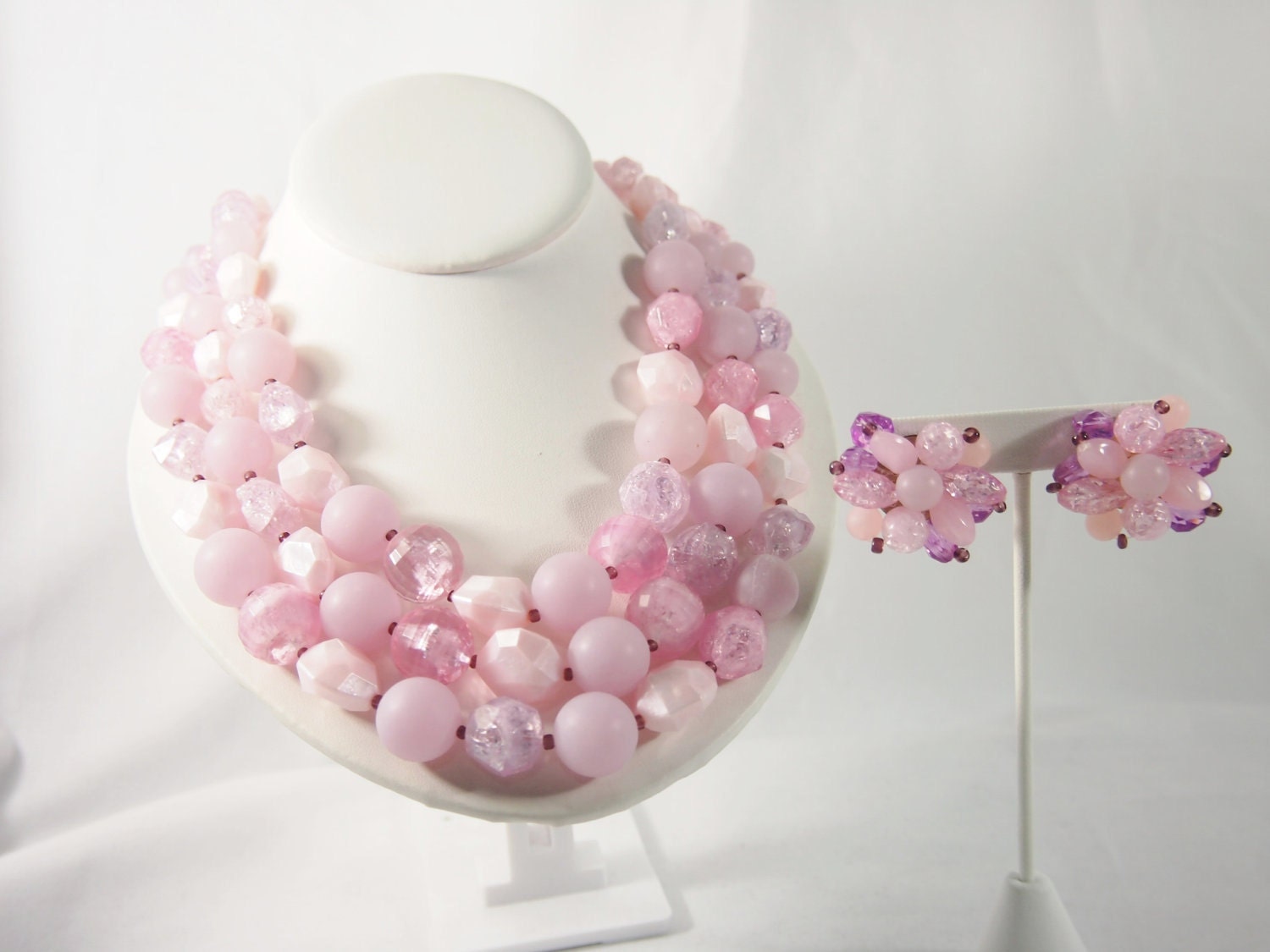 Germany Plastic 40s Pink Necklace Earring Set Vintage Jewelry