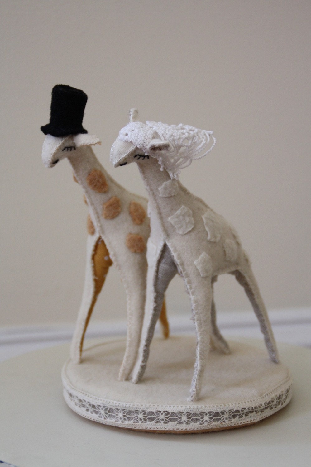 giraffe cake topper in wool, linen and vintage lace- made to order