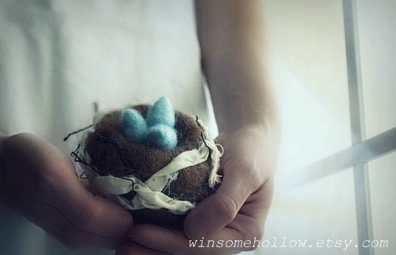 twig nest with eggs.  needle felted. made to order