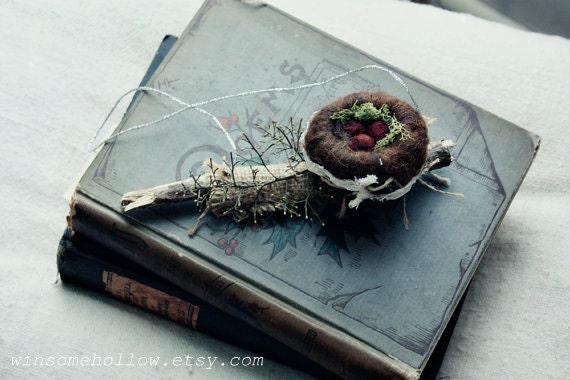 berry nest on twig.  needle felted, mixed media, found object art.  ready to ship