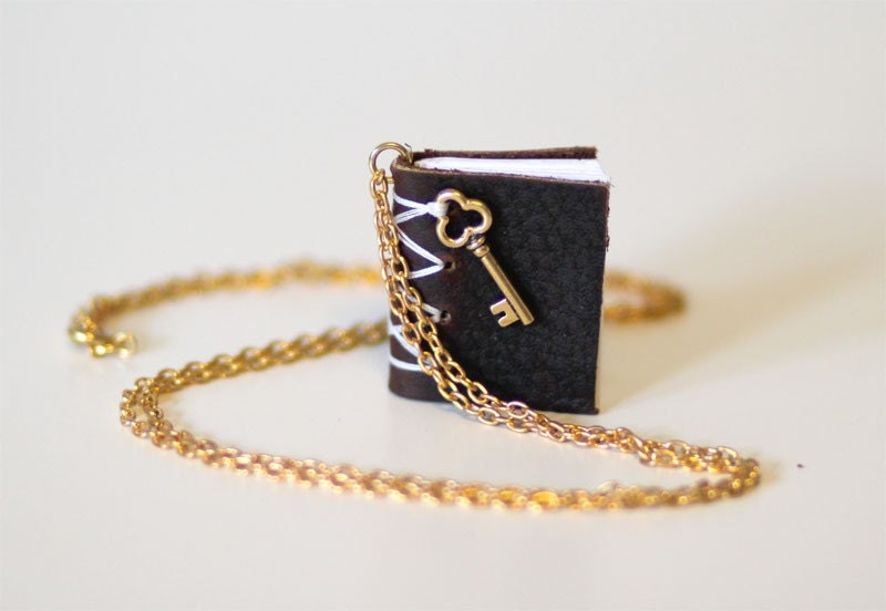 Key to the Secrets.  Leather Mini Book Necklace