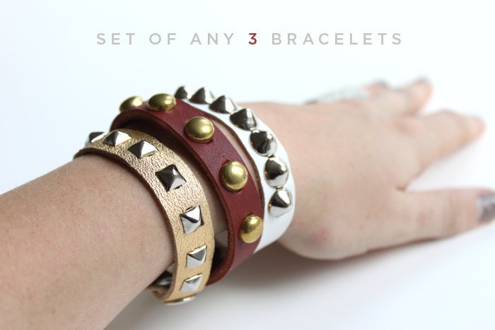 Set of 3 Studded Leather Bracelets