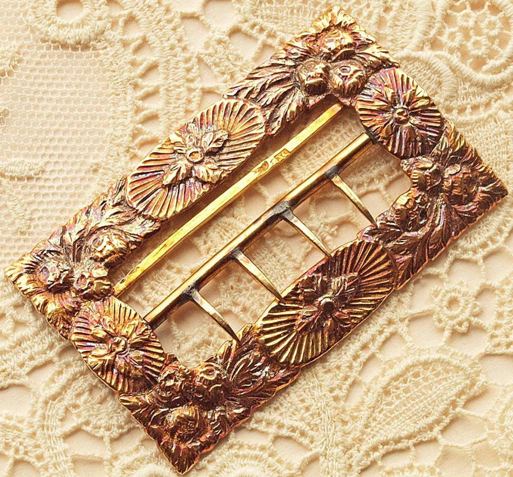 Antique Silver Gilt /Vermeil Buckle - Floral Design - Late Victorian, Patinated