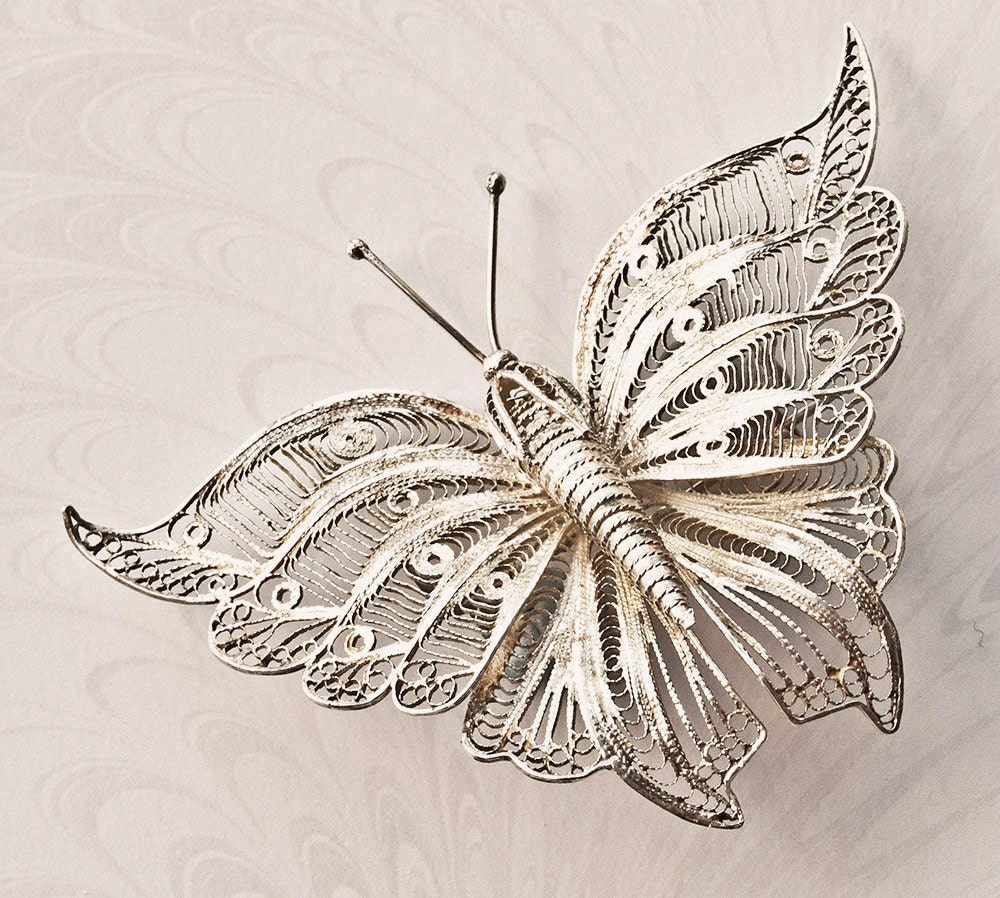 Antique Silver Filigree Butterfly Brooch - Edwardian - Large
